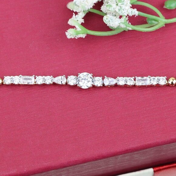 "Rose Gold Bracelet with Mixed-Cut White Crystals and Beaded Chain, XPBL0813 - Picture 1 of 12